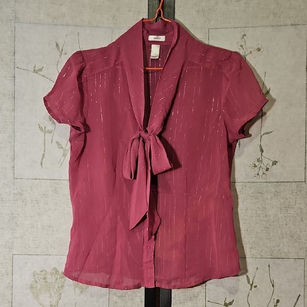 Old Navy Pink Blouse with Puff Sleeves and Tie Front